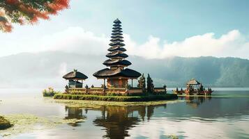 antigo pura Ulun danu bratan, besakih ou famoso hindu têmpora e turista dentro bali ilha às nascer do sol conceito de ai gerado foto