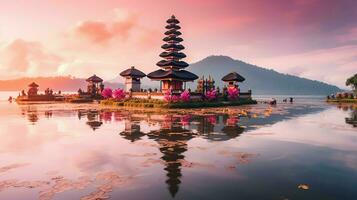 antigo pura Ulun danu bratan, besakih ou famoso hindu têmpora e turista dentro bali ilha às nascer do sol conceito de ai gerado foto