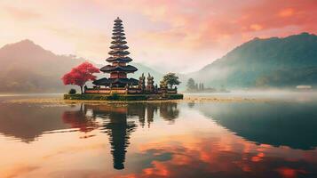 antigo pura Ulun danu bratan, besakih ou famoso hindu têmpora e turista dentro bali ilha às nascer do sol conceito de ai gerado foto