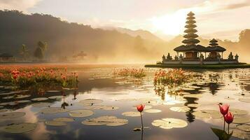 antigo pura Ulun danu bratan, besakih ou famoso hindu têmpora e turista dentro bali ilha às nascer do sol conceito de ai gerado foto