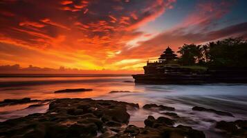 antigo pura Ulun danu bratan, besakih ou famoso hindu têmpora e turista dentro bali ilha às nascer do sol conceito de ai gerado foto