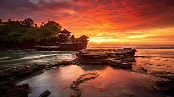 antigo pura Ulun danu bratan, besakih ou famoso hindu têmpora e turista dentro bali ilha às nascer do sol conceito de ai gerado foto