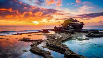 antigo pura Ulun danu bratan, besakih ou famoso hindu têmpora e turista dentro bali ilha às nascer do sol conceito de ai gerado foto