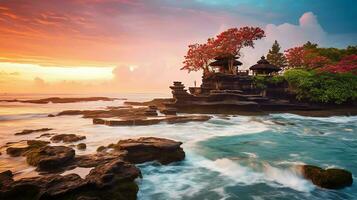 antigo pura Ulun danu bratan, besakih ou famoso hindu têmpora e turista dentro bali ilha às nascer do sol conceito de ai gerado foto