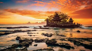 antigo pura Ulun danu bratan, besakih ou famoso hindu têmpora e turista dentro bali ilha às nascer do sol conceito de ai gerado foto