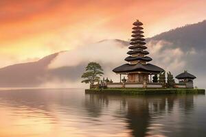 antigo pura Ulun danu bratan, besakih ou famoso hindu têmpora e turista dentro bali ilha às nascer do sol conceito de ai gerado foto