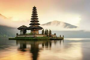 antigo pura Ulun danu bratan, besakih ou famoso hindu têmpora e turista dentro bali ilha às nascer do sol conceito de ai gerado foto