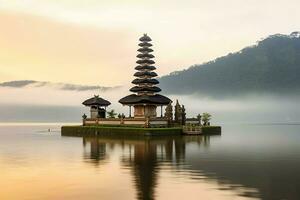 antigo pura Ulun danu bratan, besakih ou famoso hindu têmpora e turista dentro bali ilha às nascer do sol conceito de ai gerado foto