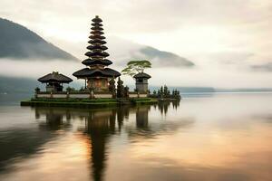 antigo pura Ulun danu bratan, besakih ou famoso hindu têmpora e turista dentro bali ilha às nascer do sol conceito de ai gerado foto