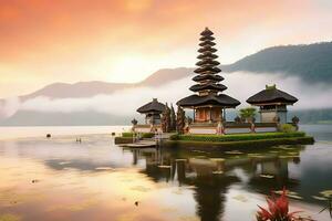 antigo pura Ulun danu bratan, besakih ou famoso hindu têmpora e turista dentro bali ilha às nascer do sol conceito de ai gerado foto