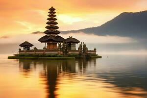 antigo pura Ulun danu bratan, besakih ou famoso hindu têmpora e turista dentro bali ilha às nascer do sol conceito de ai gerado foto