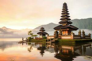 antigo pura Ulun danu bratan, besakih ou famoso hindu têmpora e turista dentro bali ilha às nascer do sol conceito de ai gerado foto