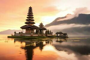 antigo pura Ulun danu bratan, besakih ou famoso hindu têmpora e turista dentro bali ilha às nascer do sol conceito de ai gerado foto