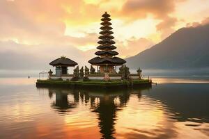 antigo pura Ulun danu bratan, besakih ou famoso hindu têmpora e turista dentro bali ilha às nascer do sol conceito de ai gerado foto