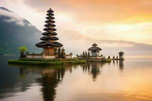 antigo pura Ulun danu bratan, besakih ou famoso hindu têmpora e turista dentro bali ilha às nascer do sol conceito de ai gerado foto