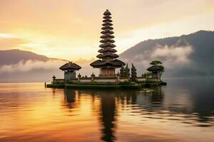 antigo pura Ulun danu bratan, besakih ou famoso hindu têmpora e turista dentro bali ilha às nascer do sol conceito de ai gerado foto