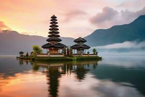 antigo pura Ulun danu bratan, besakih ou famoso hindu têmpora e turista dentro bali ilha às nascer do sol conceito de ai gerado foto