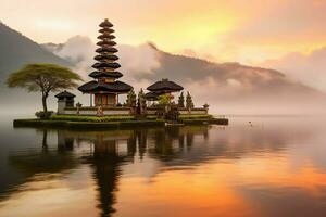 antigo pura Ulun danu bratan, besakih ou famoso hindu têmpora e turista dentro bali ilha às nascer do sol conceito de ai gerado foto