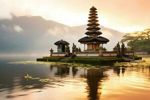 antigo pura Ulun danu bratan, besakih ou famoso hindu têmpora e turista dentro bali ilha às nascer do sol conceito de ai gerado foto