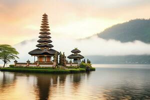 antigo pura Ulun danu bratan, besakih ou famoso hindu têmpora e turista dentro bali ilha às nascer do sol conceito de ai gerado foto