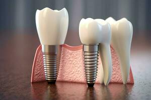 fechar acima do uma dental dente implantar ou saudável humano dentes. branco esmalte e dental implantes cirurgia conceito de ai gerado foto