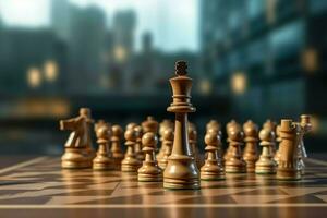 tabuleiro de xadrez com o negócio estratégia, tática e concorrência do uma xadrez jogo. o negócio e Liderança conceito de ai gerado foto