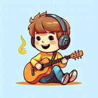 fofa Garoto jogando guitarra e ouvindo para música com fone de ouvido dentro desenho animado estilo. juventude dia ou música dia conceito de ai gerado foto