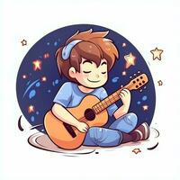 fofa Garoto jogando guitarra e ouvindo para música com fone de ouvido dentro desenho animado estilo. juventude dia ou música dia conceito de ai gerado foto