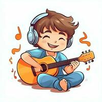 fofa Garoto jogando guitarra e ouvindo para música com fone de ouvido dentro desenho animado estilo. juventude dia ou música dia conceito de ai gerado foto