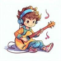 fofa Garoto jogando guitarra e ouvindo para música com fone de ouvido dentro desenho animado estilo. juventude dia ou música dia conceito de ai gerado foto