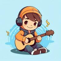 fofa Garoto jogando guitarra e ouvindo para música com fone de ouvido dentro desenho animado estilo. juventude dia ou música dia conceito de ai gerado foto