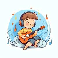 fofa Garoto jogando guitarra e ouvindo para música com fone de ouvido dentro desenho animado estilo. juventude dia ou música dia conceito de ai gerado foto