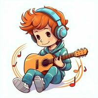 fofa Garoto jogando guitarra e ouvindo para música com fone de ouvido dentro desenho animado estilo. juventude dia ou música dia conceito de ai gerado foto