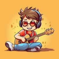 fofa Garoto jogando guitarra e ouvindo para música com fone de ouvido dentro desenho animado estilo. juventude dia ou música dia conceito de ai gerado foto