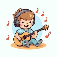 fofa Garoto jogando guitarra e ouvindo para música com fone de ouvido dentro desenho animado estilo. juventude dia ou música dia conceito de ai gerado foto