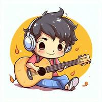 fofa Garoto jogando guitarra e ouvindo para música com fone de ouvido dentro desenho animado estilo. juventude dia ou música dia conceito de ai gerado foto