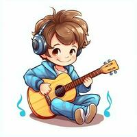 fofa Garoto jogando guitarra e ouvindo para música com fone de ouvido dentro desenho animado estilo. juventude dia ou música dia conceito de ai gerado foto