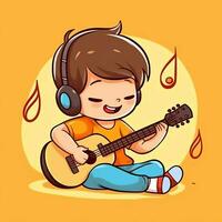 fofa Garoto jogando guitarra e ouvindo para música com fone de ouvido dentro desenho animado estilo. juventude dia ou música dia conceito de ai gerado foto