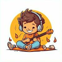 fofa Garoto jogando guitarra e ouvindo para música com fone de ouvido dentro desenho animado estilo. juventude dia ou música dia conceito de ai gerado foto