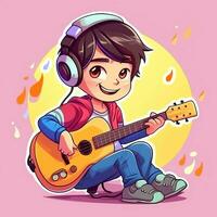 fofa Garoto jogando guitarra e ouvindo para música com fone de ouvido dentro desenho animado estilo. juventude dia ou música dia conceito de ai gerado foto