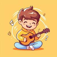 fofa Garoto jogando guitarra e ouvindo para música com fone de ouvido dentro desenho animado estilo. juventude dia ou música dia conceito de ai gerado foto