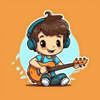 fofa Garoto jogando guitarra e ouvindo para música com fone de ouvido dentro desenho animado estilo. juventude dia ou música dia conceito de ai gerado foto