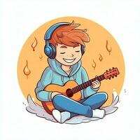 fofa Garoto jogando guitarra e ouvindo para música com fone de ouvido dentro desenho animado estilo. juventude dia ou música dia conceito de ai gerado foto