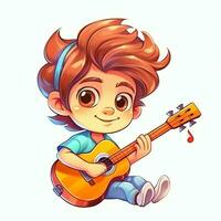 fofa Garoto jogando guitarra e ouvindo para música com fone de ouvido dentro desenho animado estilo. juventude dia ou música dia conceito de ai gerado foto