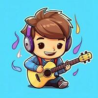 fofa Garoto jogando guitarra e ouvindo para música com fone de ouvido dentro desenho animado estilo. juventude dia ou música dia conceito de ai gerado foto