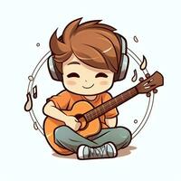 fofa Garoto jogando guitarra e ouvindo para música com fone de ouvido dentro desenho animado estilo. juventude dia ou música dia conceito de ai gerado foto