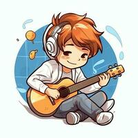 fofa Garoto jogando guitarra e ouvindo para música com fone de ouvido dentro desenho animado estilo. juventude dia ou música dia conceito de ai gerado foto