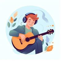 fofa Garoto jogando guitarra e ouvindo para música com fone de ouvido dentro desenho animado estilo. juventude dia ou música dia conceito de ai gerado foto