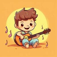 fofa Garoto jogando guitarra e ouvindo para música com fone de ouvido dentro desenho animado estilo. juventude dia ou música dia conceito de ai gerado foto