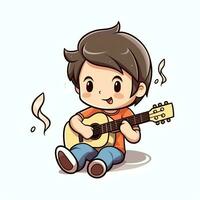 fofa Garoto jogando guitarra e ouvindo para música com fone de ouvido dentro desenho animado estilo. juventude dia ou música dia conceito de ai gerado foto